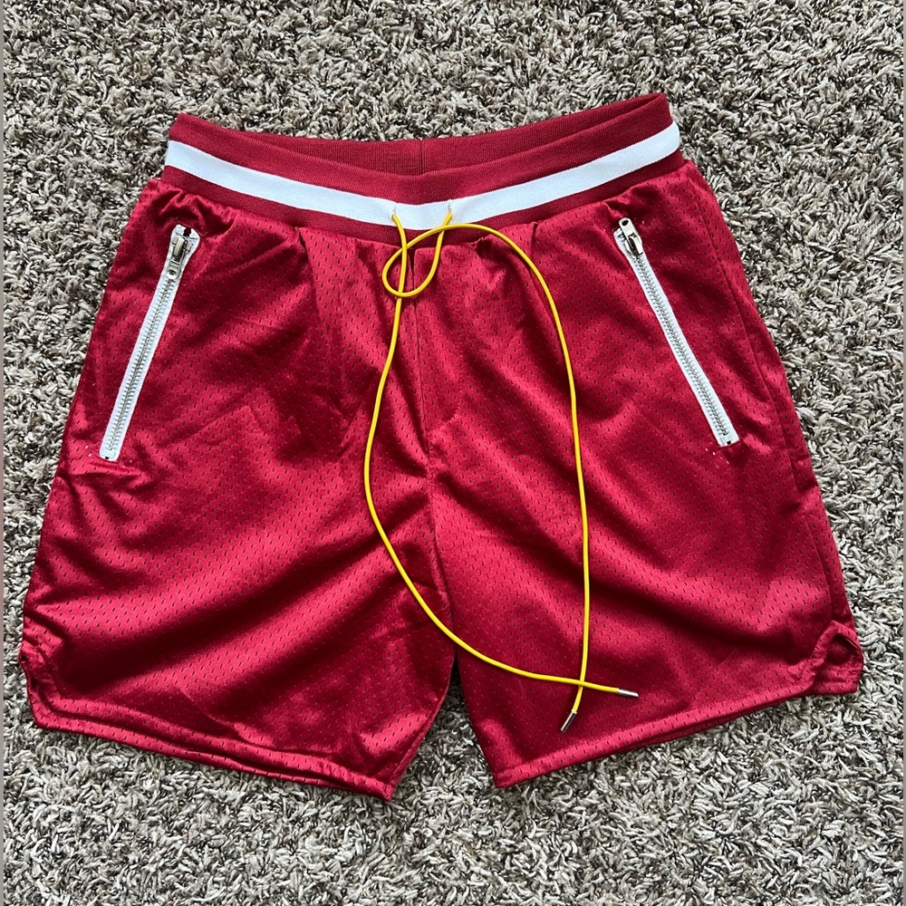 MNML Red Athletic Shorts with Yellow Drawstring